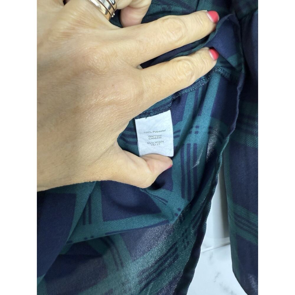 J.CREW Blouse Top XXS Green & Navy Tartan Plaid V Neck 3/4 Bell Sleeves Preppy - Picture 3 of 7